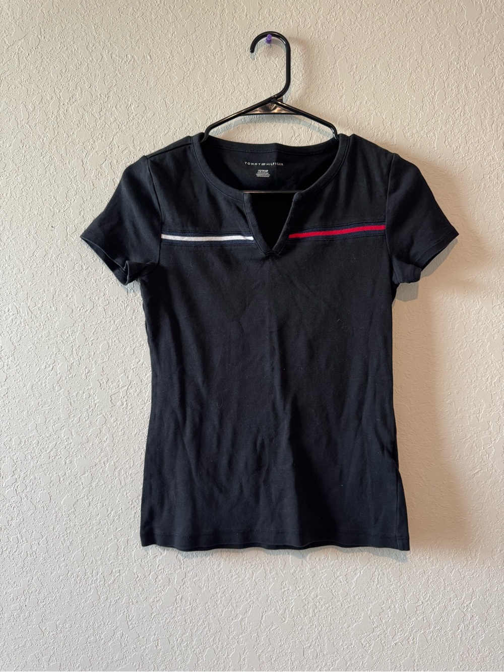 Tommy Hilfiger Black Short-Sleeve Tee with White and Red Stripe